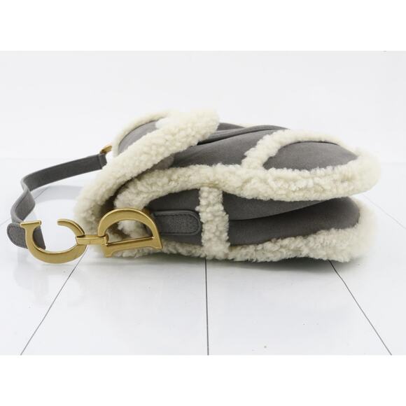 Christian Dior Shearling Saddle Bag Gray Shoulder Purse Suede/Gold CD Rare Auth - Picture 6 of 16